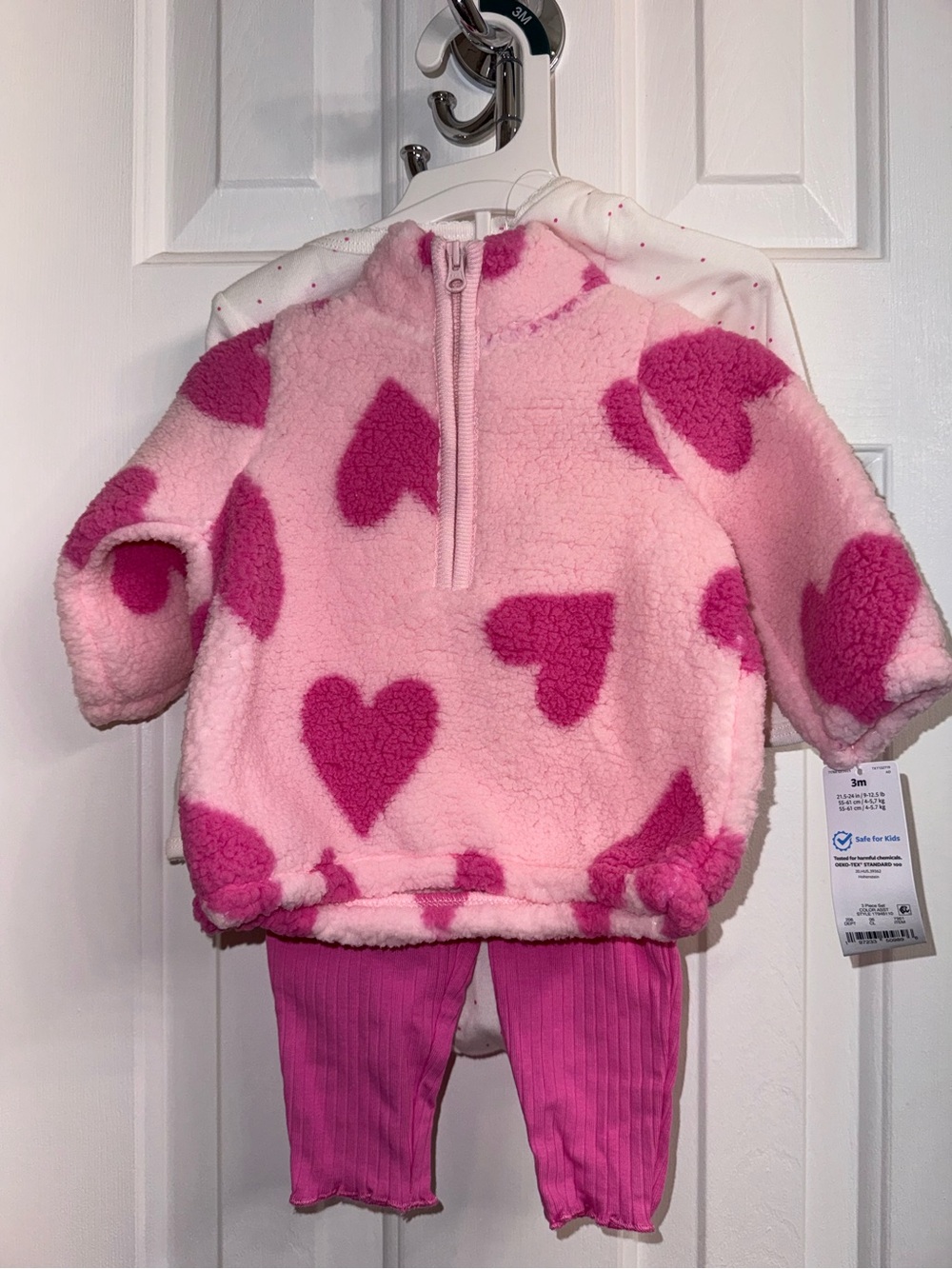 Carter’s Girl’s 3 Piece Pink Heart Fuzzy Half-Zip Pullover Outfit Onesie & Pants